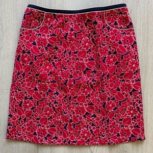 Vintage Espirit Floral Red Mini Skirt Navy Blue Trim Size 9/10 M With Pockets